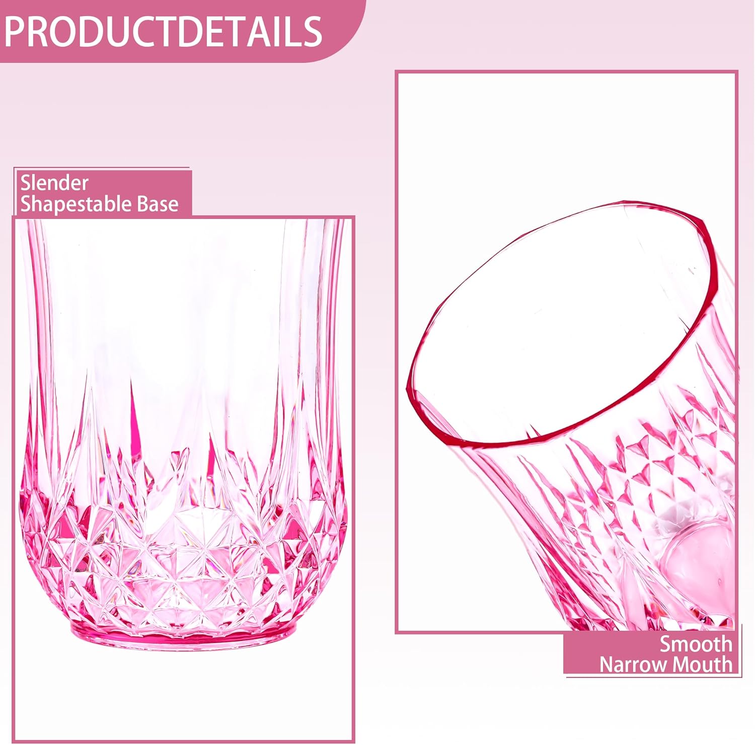 24 PCS Pink Unbreakable Stemless Wine Glasses，9OZ Vintage Colored Plastic Reusable Cups Drinking Glass Goblets Tumblers for Whisky, Beer, Juice, Beverages, Cocktail