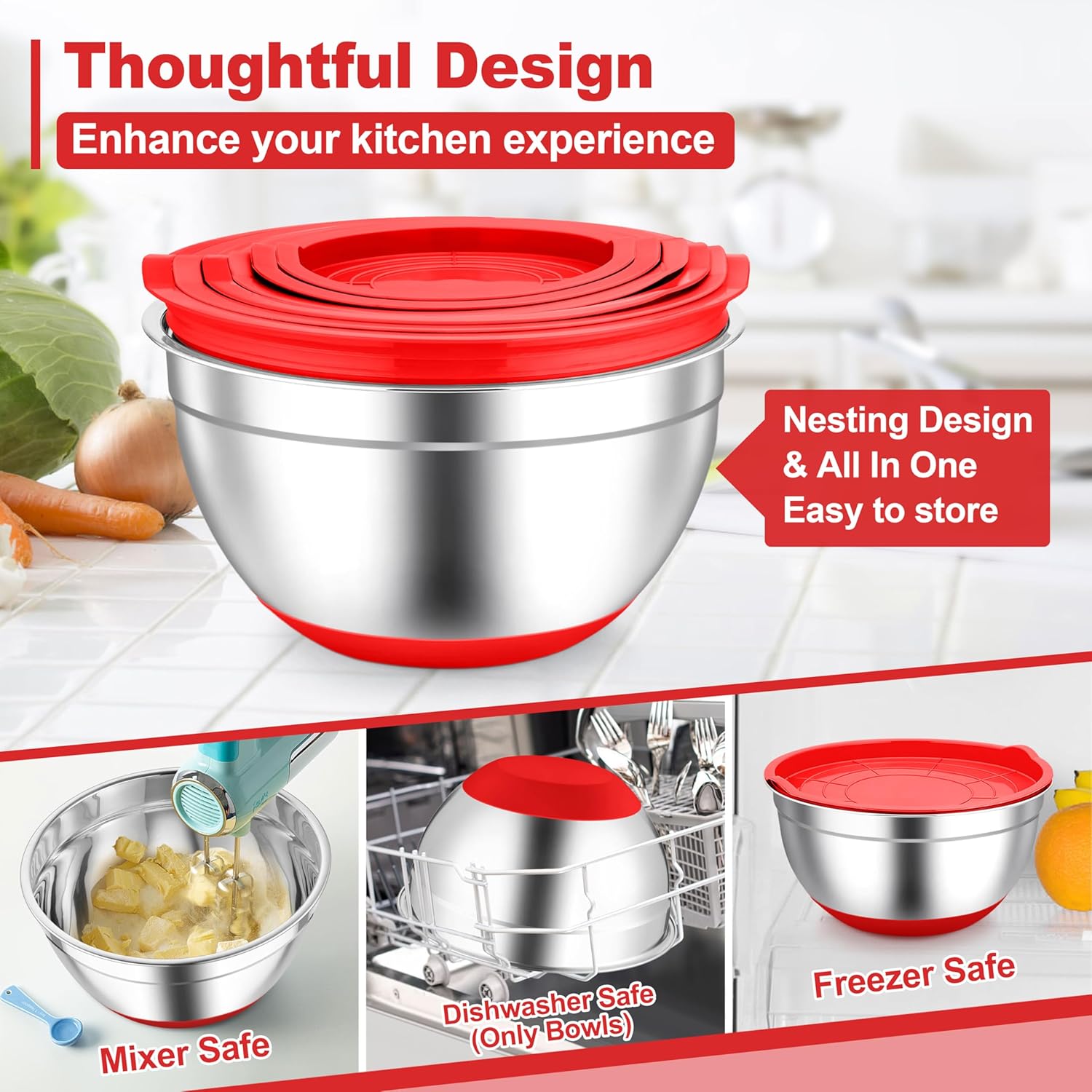 TeamFar Mixing Bowls, Red Mixing Bowls with Lids Set, Stainless Steel Nesting Salad Bowl with Air-tight Lid & Silicone Bottom, Non Slip & Stackable - Set of 6-4.6/2.6/2 / 1.5/1 / 0.7 Qt
