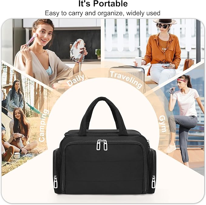 Travel Toiletry Bag for Women, Lightweight Wide-open Toiletries Travel Bag with Handle, Large Cosmetic Organizer with Makeup Brushes Compartment for Essentials for Trip, Camping - Black