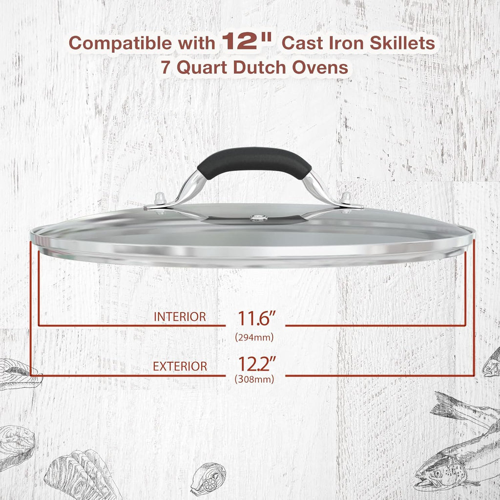 12 Inch Tempered Glass Pot Lid Compatible with 12” Lodge Cast Iron Skillets and 7 Quart Dutch Ovens - Designed with Steam Vent Hole and Heat Resistant Handle