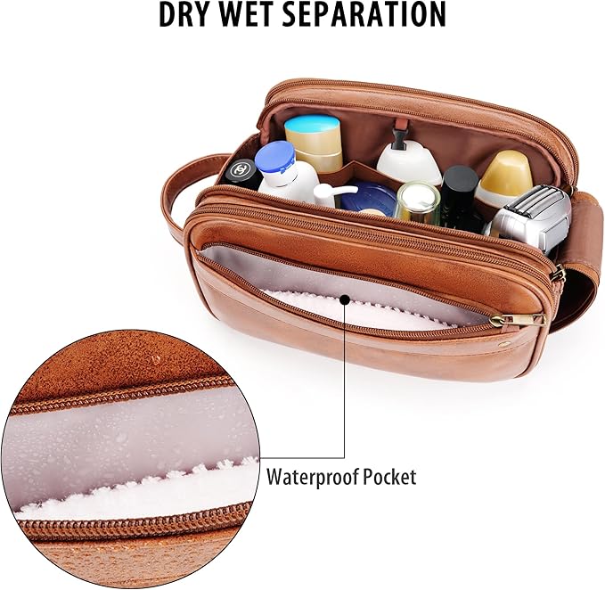 Travel Toiletry Bag for Men, Large Hanging Toiletries Organizer Bags for Women, Cruise Ship Essentials, Water-resistant Shaving Case, PU Leather Makeup Accessories, Cosmetic Dopp Kit, Brown