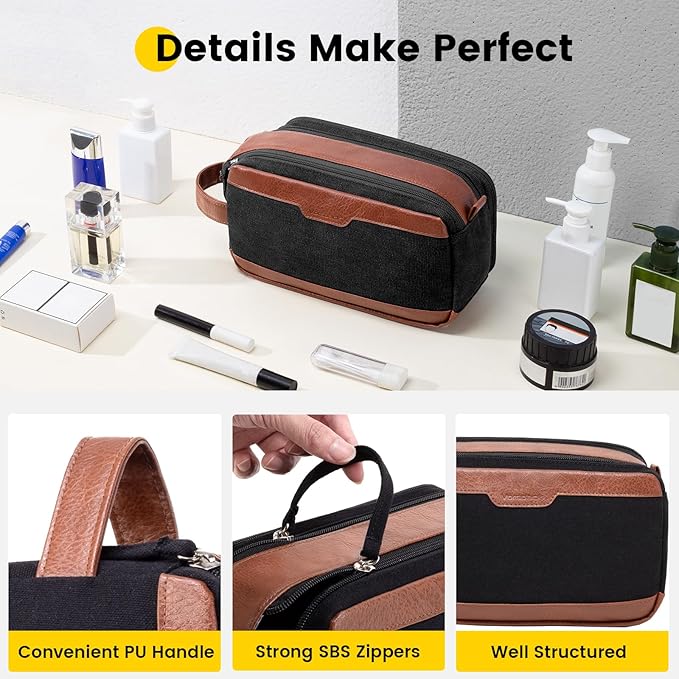 Vorspack Travel Toiletry Bag for Men - Canvas Dopp Kit Water Resistant Skincare Bag Large Shaving Bag for Bathroom Toiletries Accessories Gifts - Black