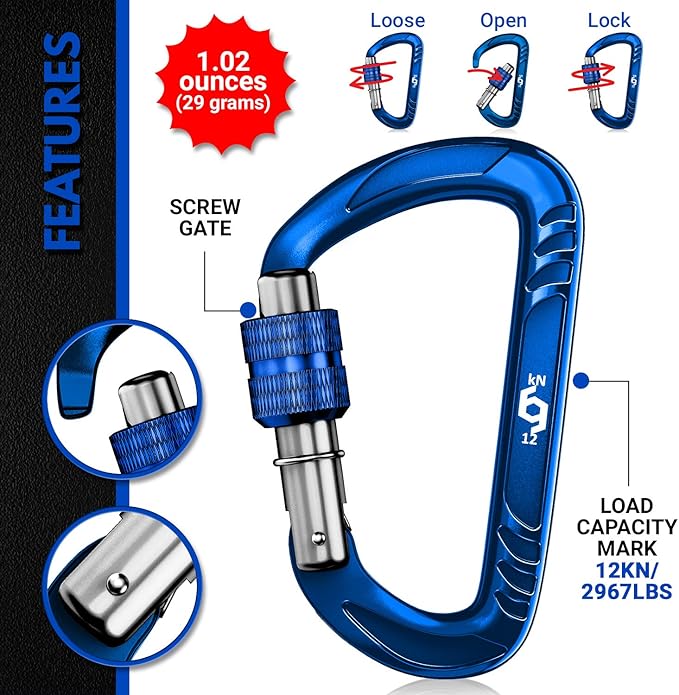 12kN (2697 lbs) Heavy Duty, Locking, Auto Locking, Wiregate Carabiner Clips, for Securing Pets, Outdoor, Camping, Hiking, Hammock, Dog Leash Harness, Keychains