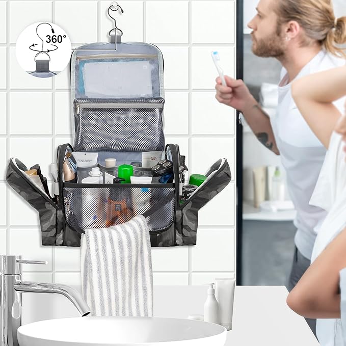 Hanging Toiletry Bag for Men, Tactical Dopp Kit Toiletry Travel Bag, Large Hygiene Organizer Shower Bag for Camping Outdoor, Black Camo