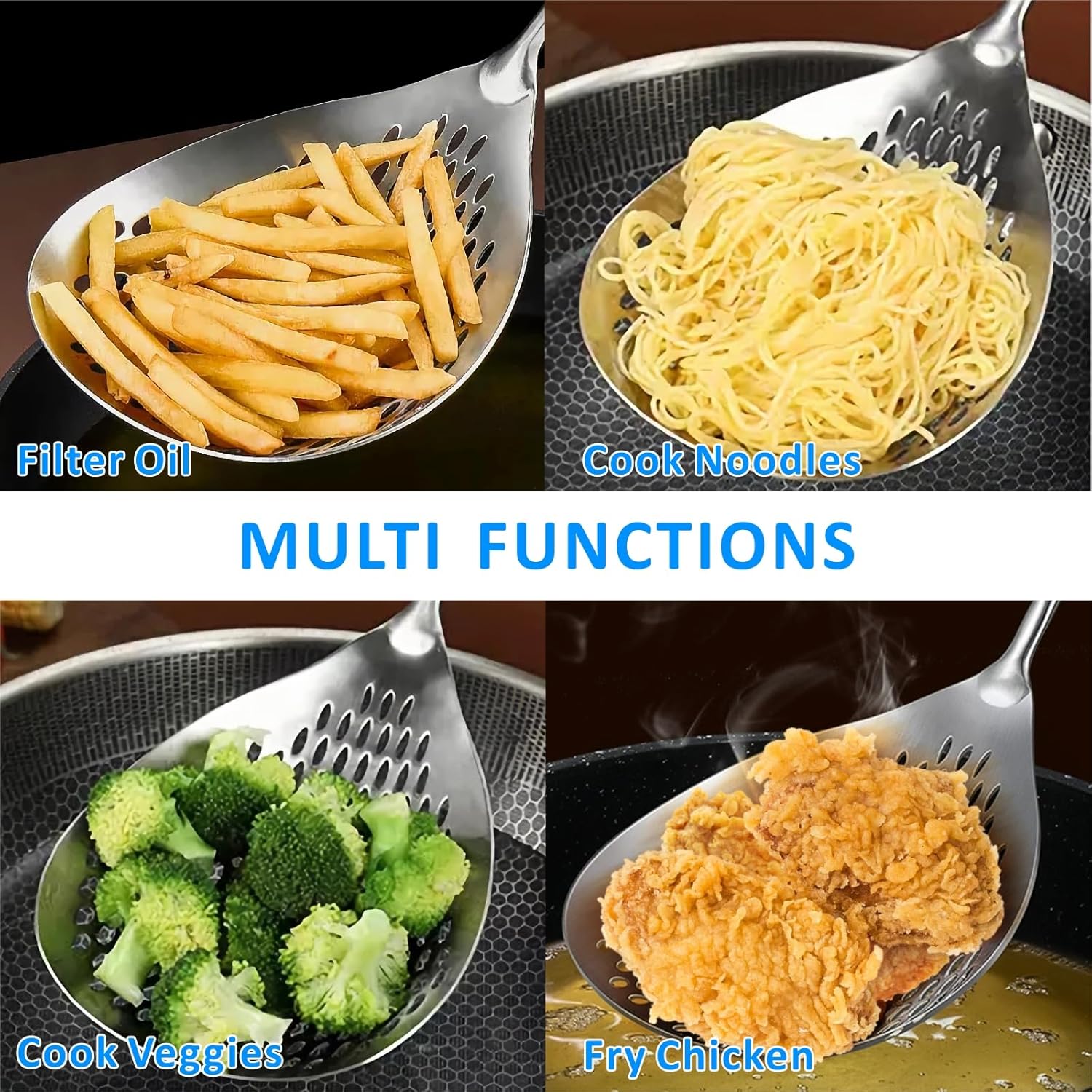 Large Skimmer Slotted Spoon, 304 Stainless Steel Pasta Strainer Colander Spoon, Spider Ladle with Big Draining Holes, Deep Fryer Scoop for Frying, Cooking, Draining, Ideal for Gift, 15''