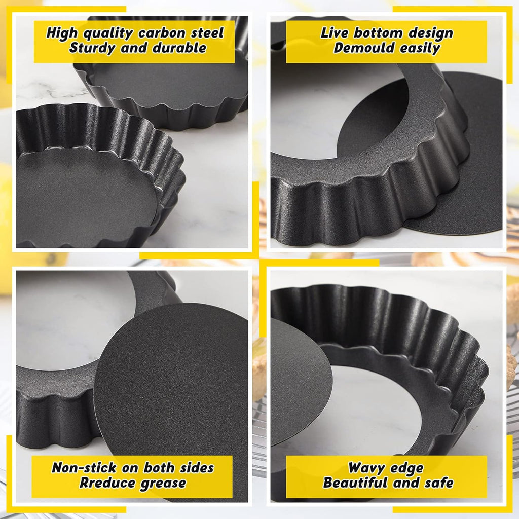 Tessco 16 Pieces Mini Tart Pans with Removable Bottom Nonstick Quiche Mini Pie Tart Pans Bakeware Mold Fluted Side for Pies(Black Gray Round,4 Inch)