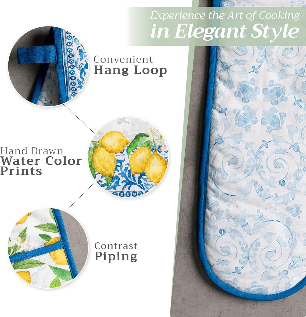 Maison d' Hermine Double Oven Mitts 100% Cotton 7"x35" Double Oven Mitt Heat Resistant BBQ Cooking Gloves with Loop, Baking, Grilling, Home, Kitchen, Handling Hot Pans Spring Summer (Cedrat)