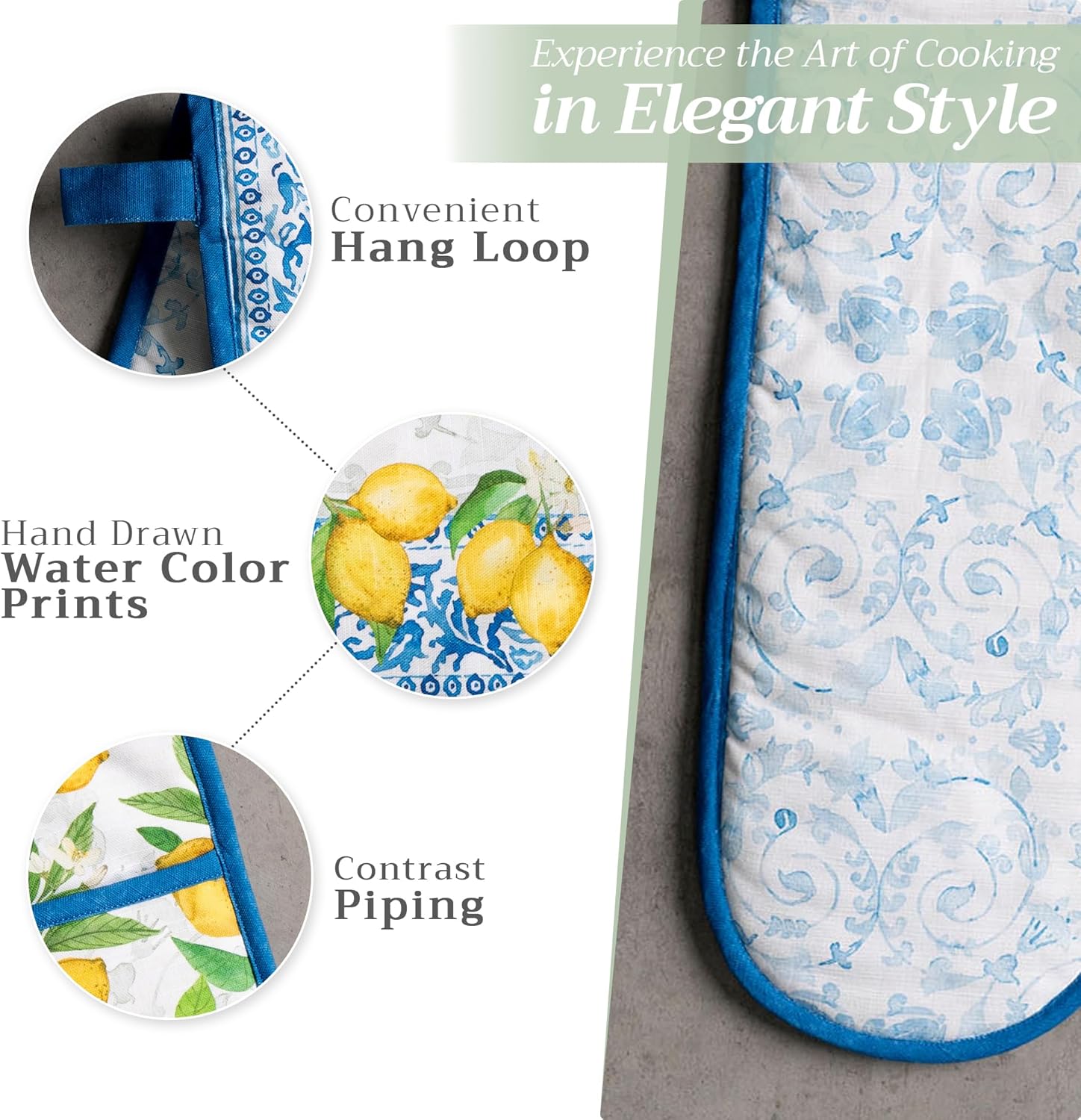 Maison d' Hermine Double Oven Mitts 100% Cotton 7"x35" Double Oven Mitt Heat Resistant BBQ Cooking Gloves with Loop, Baking, Grilling, Home, Kitchen, Handling Hot Pans Spring Summer (Cedrat)