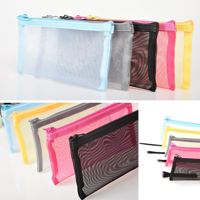 patu Zipper Mesh Bags, Long Case, 5 Pieces, Beauty Makeup Cosmetic Accessories Organizer, Travel Toiletry Kit Set Storage Pouch, Assorted Colors
