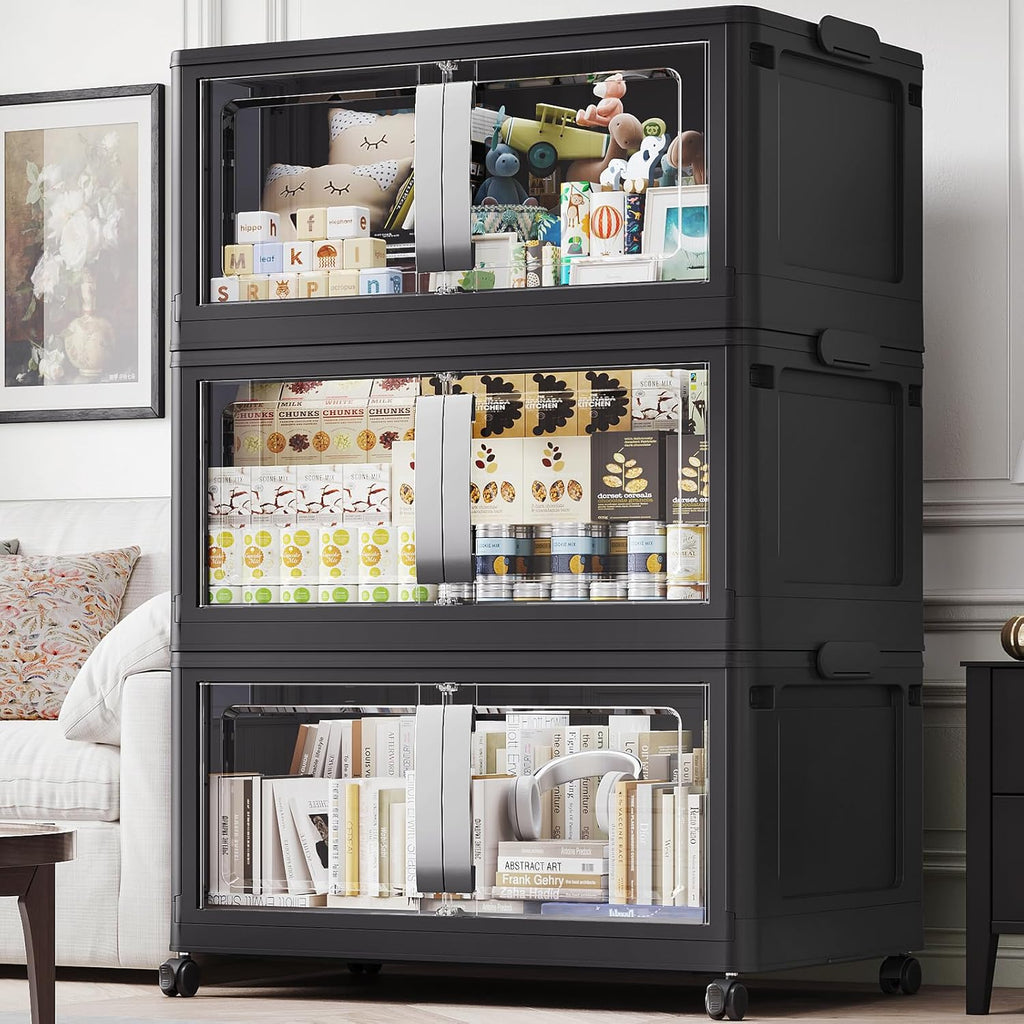 480QT Stackable Storage Bins with Lids, 120Gal Extra Large Collapsible Storage Box with Wheel, Plastic Storages with Clear Door Open Front for Home Bedroom Garage, Black-3pack(3 lids)