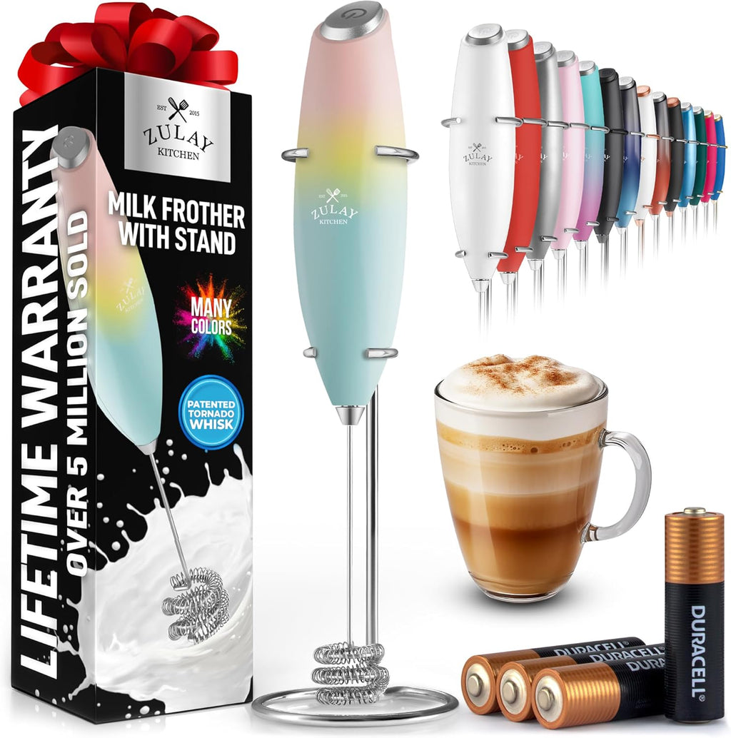 Zulay Kitchen Patented Tornado Triple Whisk Milk Frother with 4 Duracell Batteries – Handheld Foam Maker for Coffee, Lattes, Matcha & Hot Chocolate – Rich, Creamy Froth in Seconds