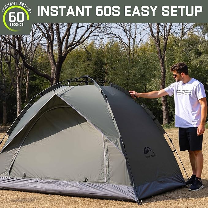 Happy Travel 1/2/3/4 Person Camping Tent, Instant Easy Pop Up Tents for Camping,Automatic Waterproof Family Camping Tent, Easy Set Up Tent,Portable Windproof Dome Tent for Camping Hiking & Traveling