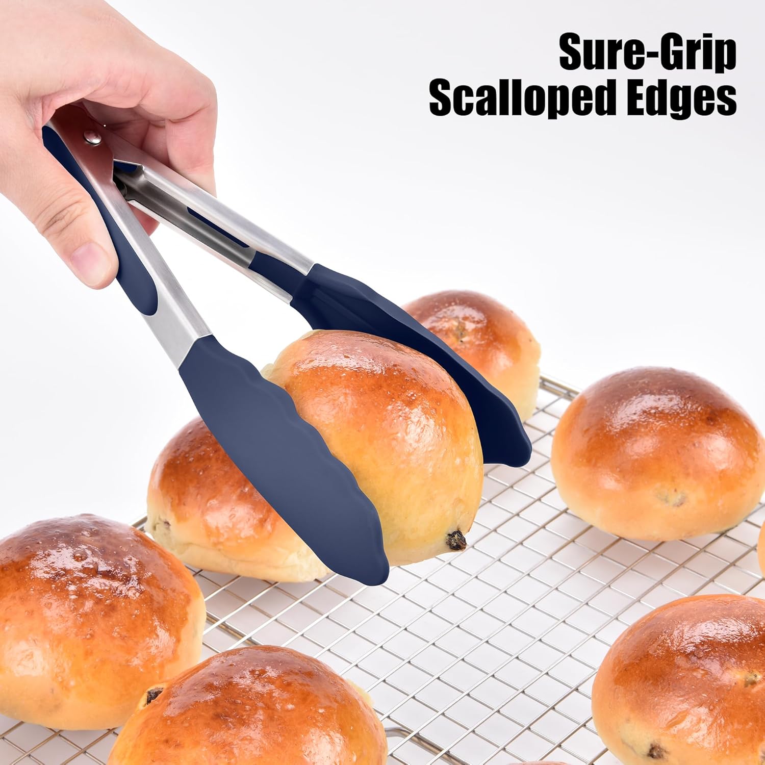 Doosu Kitchen Tongs for Cooking - 600°F Heat Resistant Food Tong with Non-Scratch Silicone Tips, Heavy Duty Stainless Steel Locking Tong for BBQ, Grilling Steak, Serving Salad Pasta (7in, Navy Blue)