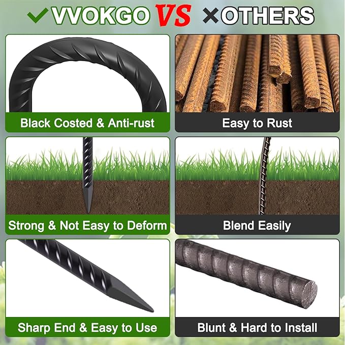 VVOKGO Rebar Stakes 12 Inch Heavy Duty J Hook 8 Pack, Galvanized Garden Tent Ground Stakes Steel Point End,Chain Link Fence Stakes for Dogs Digging Wire Fencing,Trampoline Stakes with Chisel,Black
