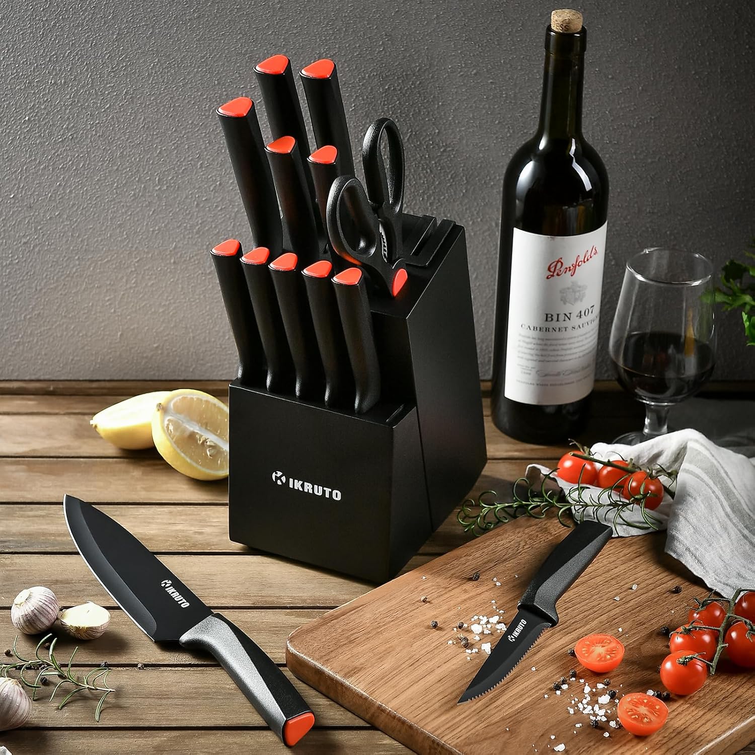 15-Piece Professional Kitchen Knife Set with Block – Built-in Sharpener, Anti-Slip Handles, Non-Slip Base – Effortless Cooking Tools for Chefs & Home Cooks (Black Red)