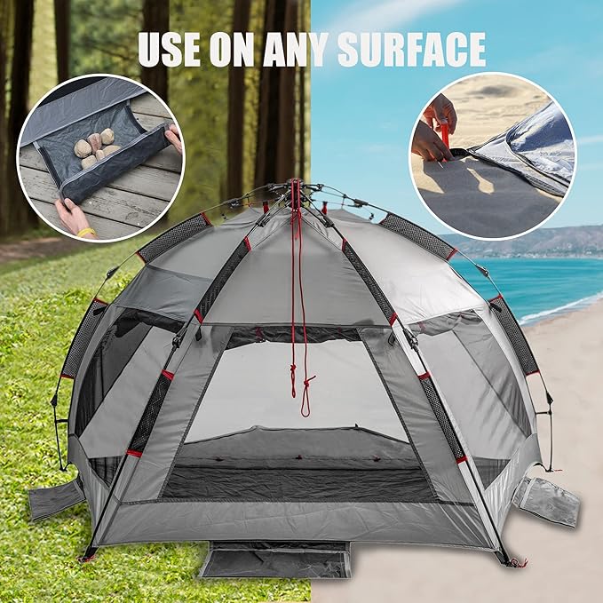 apollo walker Beach Tent Sun Shelter 3-4 Person Easy Setup Portable Sunshade Canopy Large,Extended Floor,Stakes,Sand Pockets,UPF 50+ Waterproof Windproof Outdoor Camping Fishing Picnic