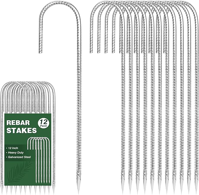 CEWOR 12 Pack 12 Inch Rebar Stakes, J Hook Heavy Duty Tent Stakes Metal Ground Stakes Galvanized Ground Anchors for Chain Link Fence, Trampoline, Camping, Canopy, Outdoor Decorations