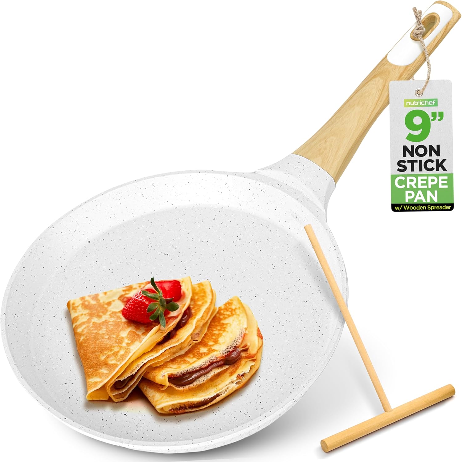 NutriChef 9.45” Non-Stick Crepe Pan with Wooden Spreader, Durable Marble Coated Dosa Pan, Bakelite Handle and Induction Bottom, PFOA/PFOS Free, Dishwasher Safe, Even Heat Distribution (White Cream)