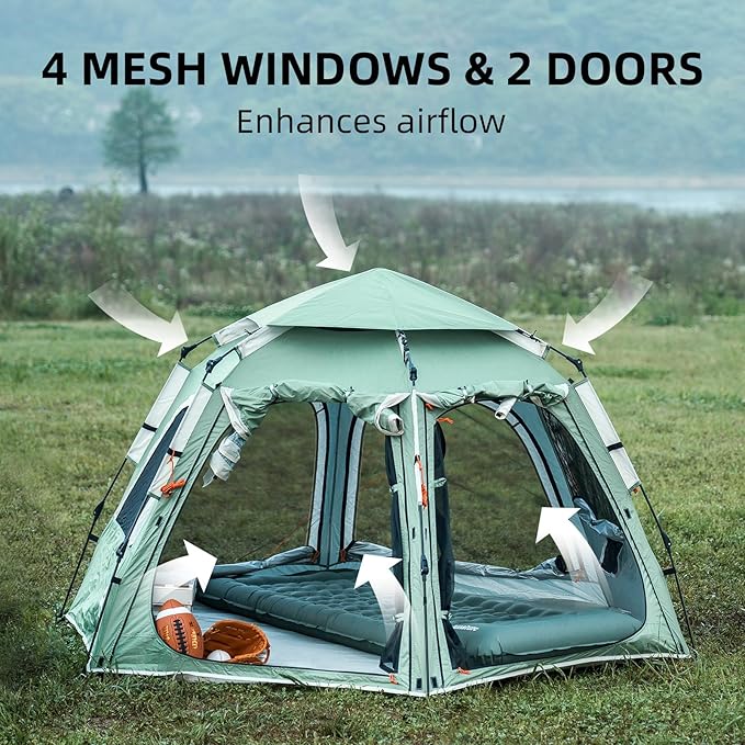 Tents for Camping 2 Person Waterproof Pop Up Camping Tent with Screen Porch 4 Ventilation Mesh Windows & 2 Doors Portable for Camping, Hiking, Beach, Backpacking, and Outdoors