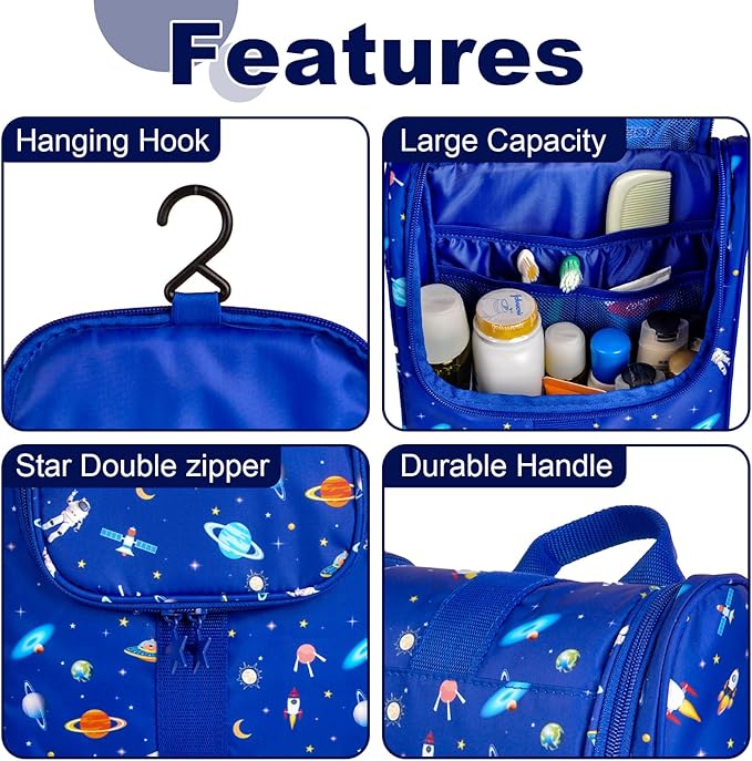 Cute Cartoon Hanging Kids Toiletry Bag Children Travel Cosmetic Makeup Organizer Wash Bag Shower bag Over Night Bag Camping Shaving Kit Bag for Boys & Girls (Astronaut)