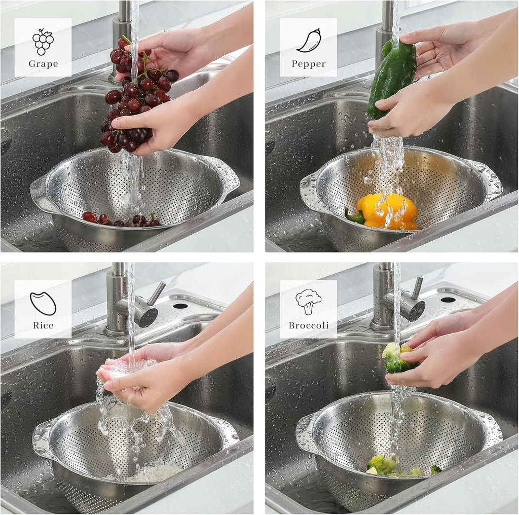 18/8 Stainless Steel Microwell Colander, 2.5QT Large Capacity with Handle Kitchen Food Strainer Basket for Washing Vegetables, Fruits, Rice, and Pasta (primary colour, 2.5QT)