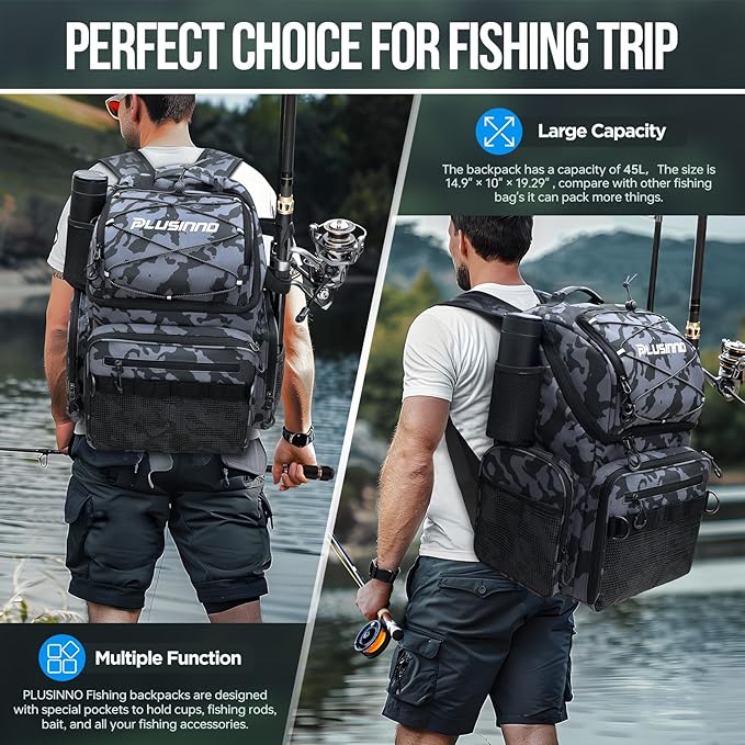 PLUSINNO Cooler Fishing Backpack with Rod Holders 45L Large Water-resistant Fishing Tackle bag Store Fishing Gear Fishing Gifts for Men Father