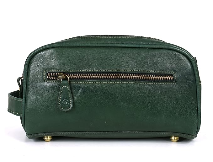 10" Premium Leather Toiletry Travel Pouch With Waterproof Lining | King-Size Handcrafted Vintage Dopp - Kit ~ Gift for Father's Day By Aaron Leather Goods (Basil Green)