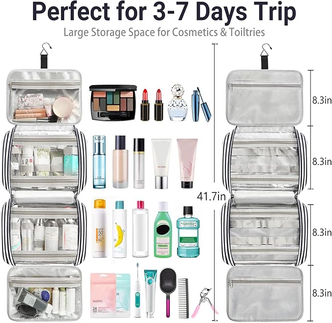 Hanging Travel Toiletry Bag,Large Capacity Cosmetic Travel Toiletry Organizer for Women with 4 Compartments & 1 Sturdy Hook,Perfect for Travel/Daily Use/Christmas