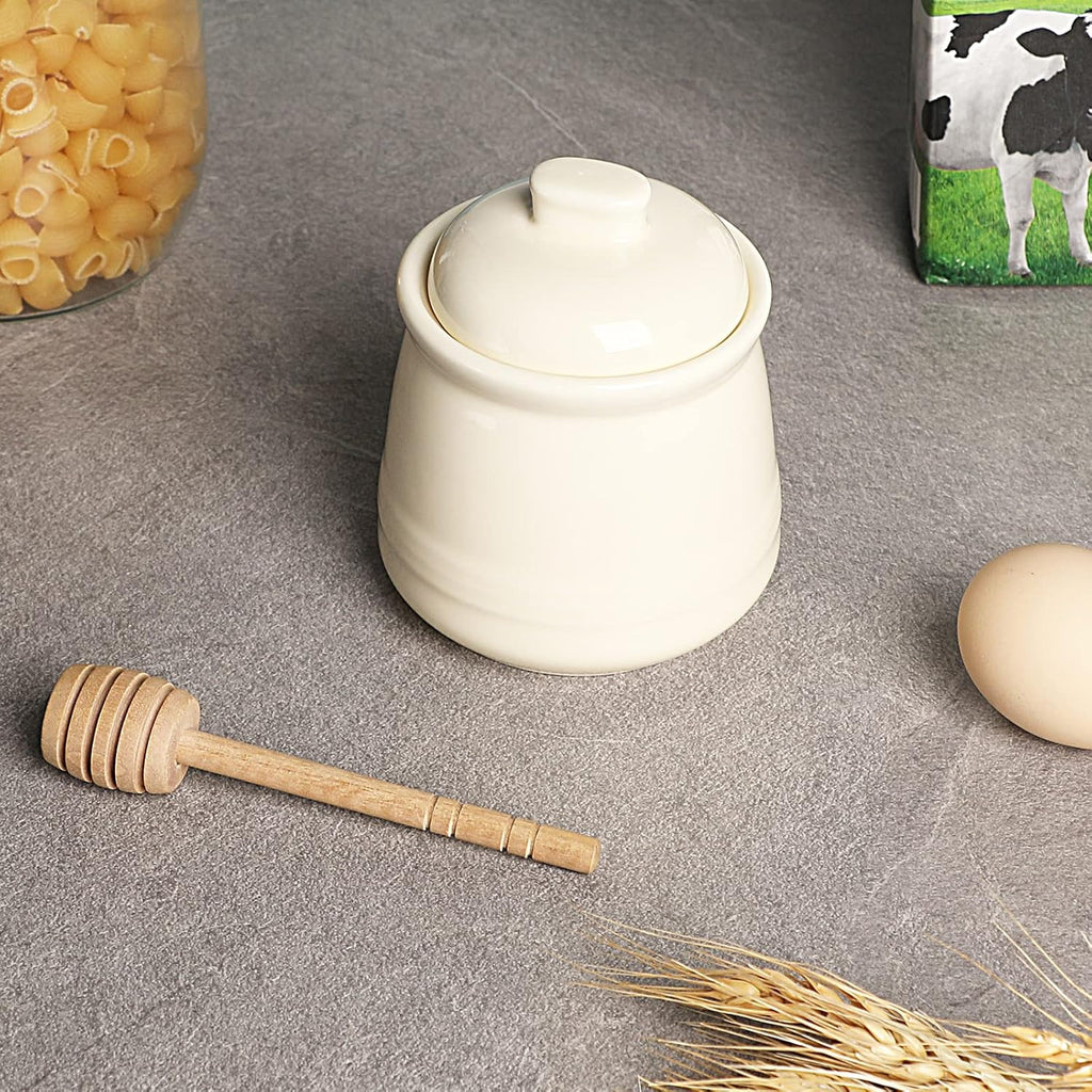 LEETOYI Porcelain Honey Jar with Lid and Honey Dipper,Ceramic Honey pot,12oz (Beige)