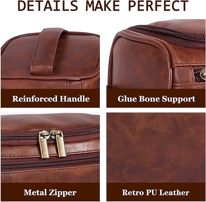 Toiletry Bag for Men, Hanging Travel Shaving Dopp Kit for Men and Women, Water-resistant Toiletries Organizer Bags, PU Leather Cosmetic Bags for Makeup Accessories (Dark Brown)