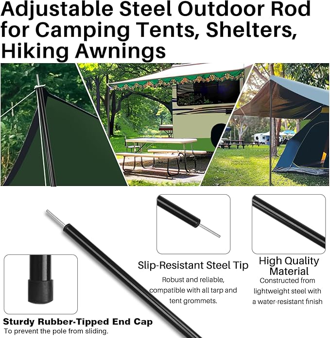 Neween Tent Poles for Tarp Adjustable Camping Tarp Poles Set of 2, 76in Lightweight Collapsible Tent Pole with a Diameter of 0.6in for Backpacking Hiking Awning Canopy Rain Fly Shelter (Black)