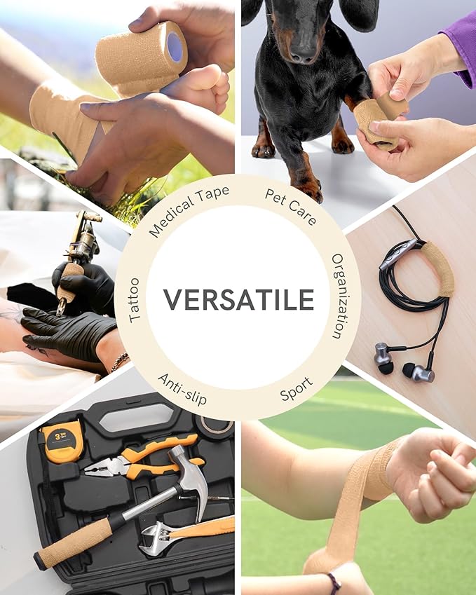 FriCARE Self Adhesive Bandage Wrap, Medical Tape in First Aid Kit, Cohesive Bandages for Wounds Sport Vet, FSA/HSA Eligible, 2 Inches X 5 Yards 6 Rolls, Tan