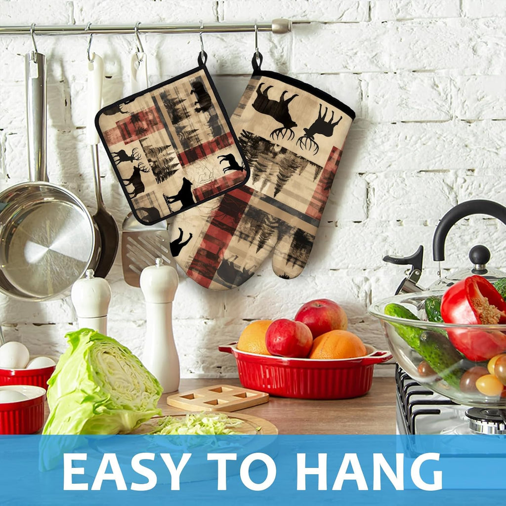 Deer and Bear Oven Mitts and Pot Holders Sets Heat Resistant 4Pcs Wild Animal Potholders Oven Gloves Hot Pads for Kitchen Baking Cooking Grilling BBQ