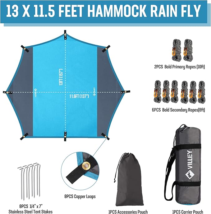 VILLEY Camping Tarps for Tents, Portable Waterproof Hammock Rain Fly, Easy Set Up Camping Shelter Sunshade Canopy for Outdoor Fishing, Backpacking, Hiking, Survival Gear- Heptagonal, Blue