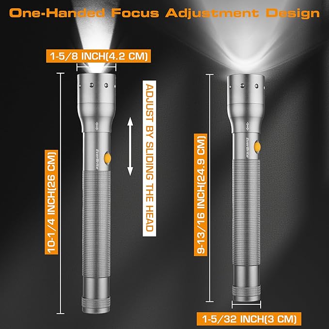EverBrite Ultra Bright Tactical Flashlight, 900 Lumen Zoomable Adjustable Focus, 3 Light Modes, Heavy-Duty Aluminum Torch for Hurricane Supplies Camping, Includes 3C Alkaline Batteries-Gray