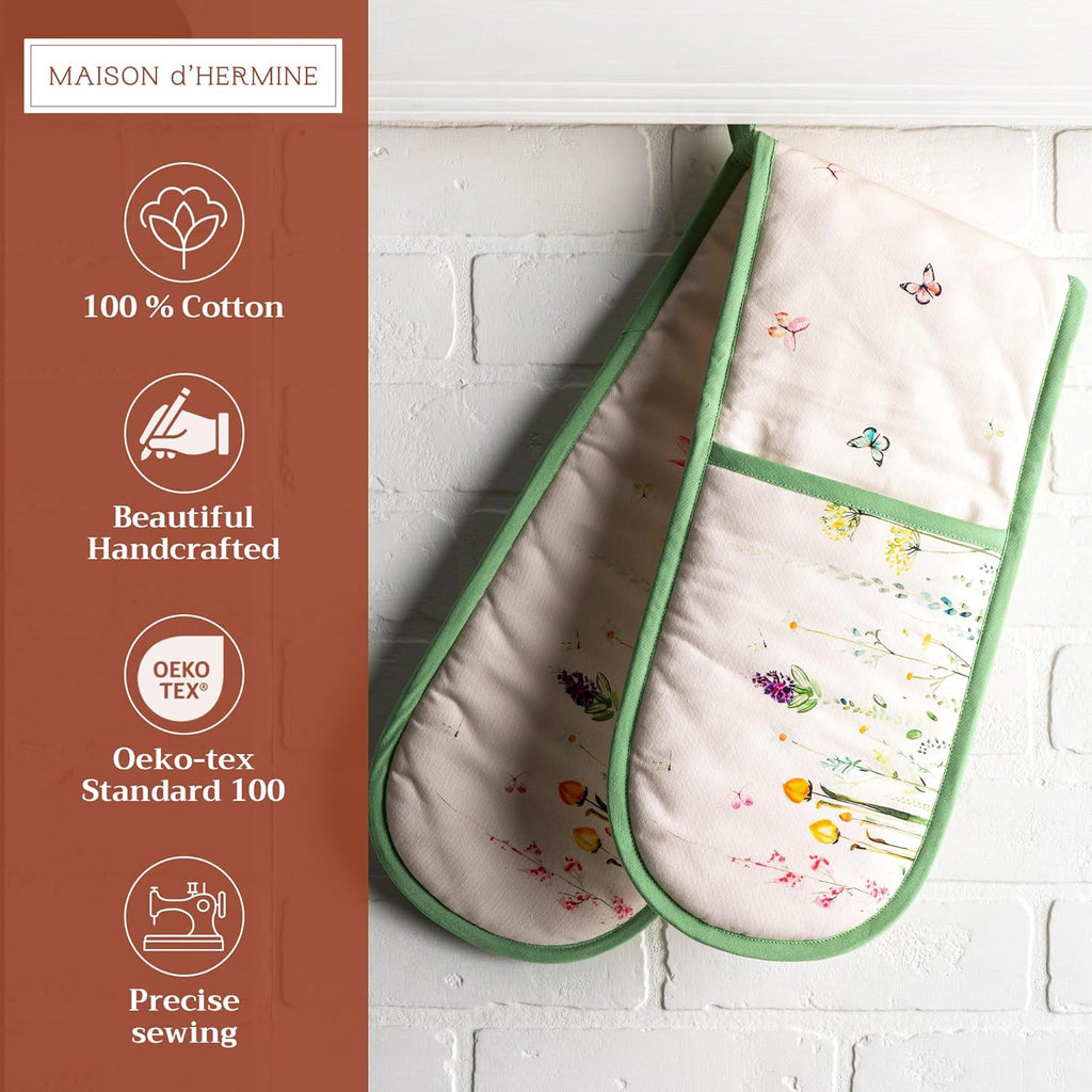 Maison d' Hermine Double Oven Mitts 100% Cotton 7"x35" Double Oven Mitt Heat Resistant BBQ Cooking Gloves with Loop, Baking, Grilling, Home, Kitchen, Handling Hot Pans Spring Summer (Botanical Fresh)