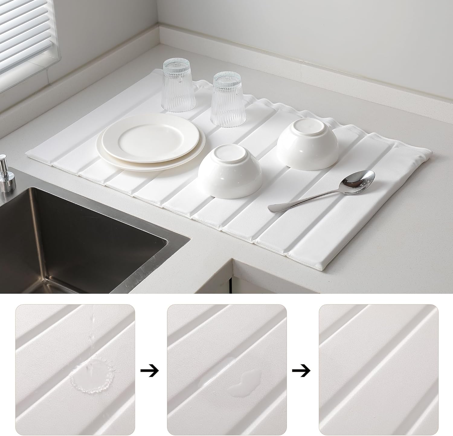 Stone Drying Mat for Kitchen Counter, Collapsible Diatomaceous Earth Dish Drying Mats, Supe Absorbent Quick Dry Stone Mat Kitchen，PU Leather Surface Removable and washable (White, 23.6”x15.4”)