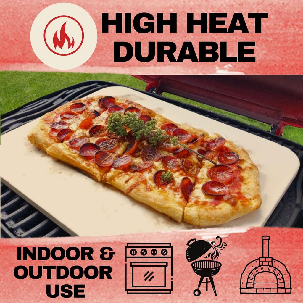 Pizza Stones for Oven - Pizza Stone for Grill with Handles, Wooden Peel and Dough Cutter - 15 inch x 12 inch Grilling Stones - Baking Stone for Bread - Pizza Making Set