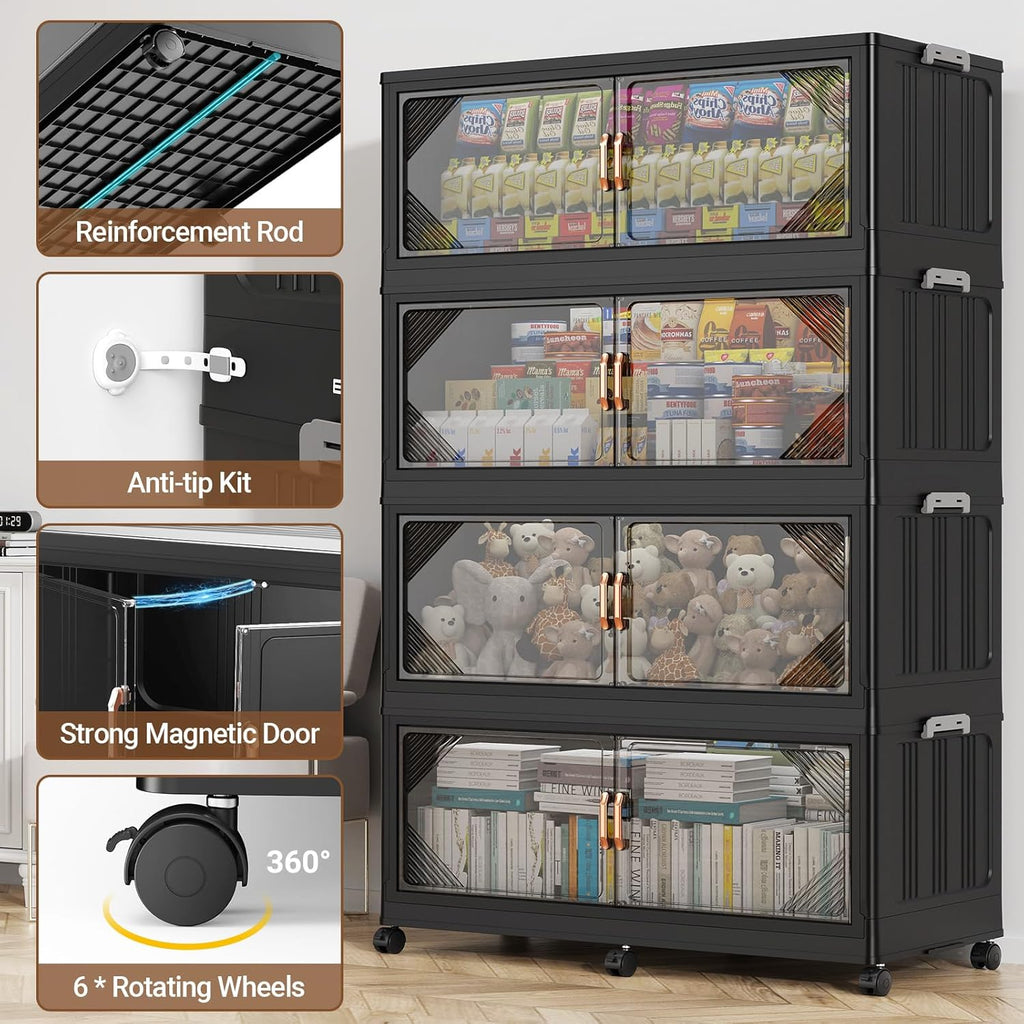 165Gal Plastic Stackable Storage Bins with Lid, 660QT Extra Large Closet Organizers Collapsible Cabinets Boxes With Drawers, Foldable Containers with 6x Wheels for Home Kitchen, V60 3Pack Black