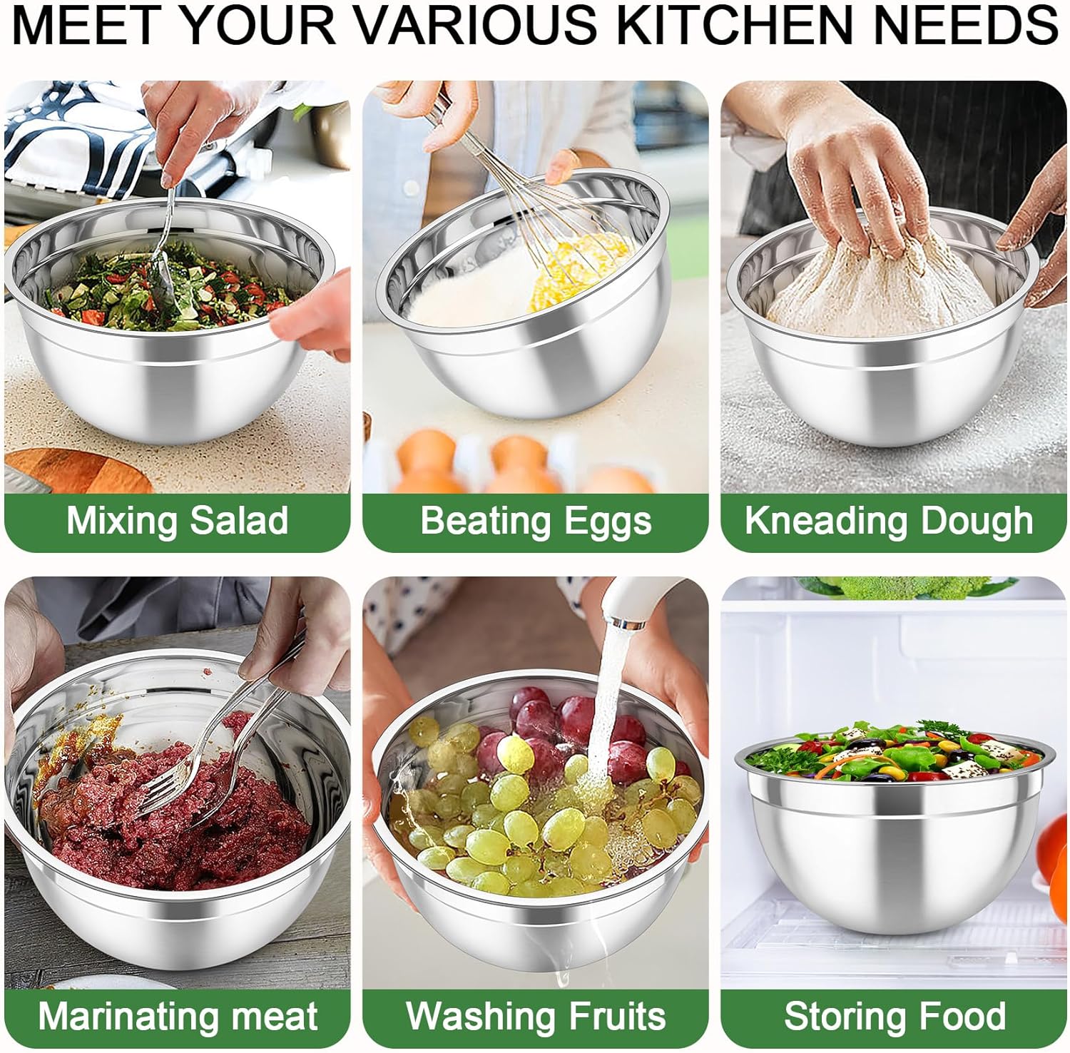 TeamFar Mixing Bowls with Airtight Lids, 5PCS Stainless Steel Metal Salad Bowl with 3 Grater Attachments, for Cooking, Prepping, Serving, Healthy & Easy Clean - 0.7/1/1.5/2.6/4.6QT, Khaki