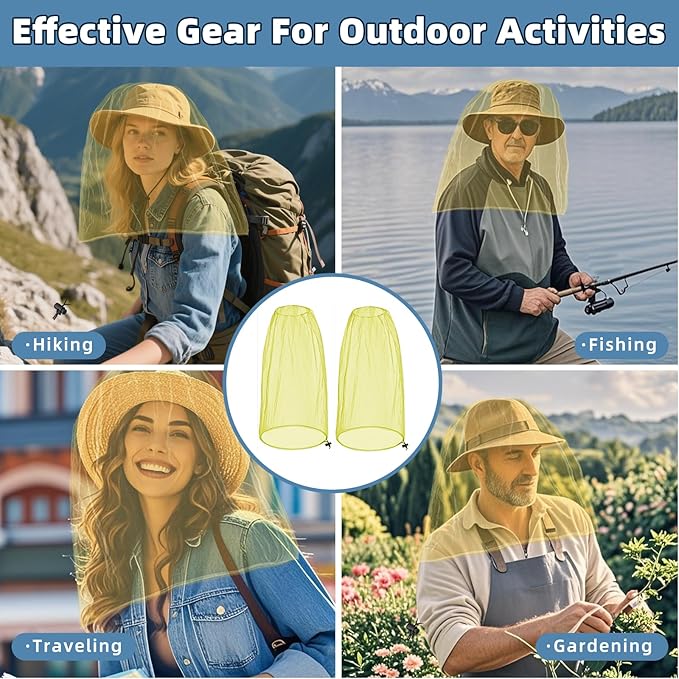 2 Pack Ultra Large Mosquito Net 42x25 Inches Mosquito Head Net Oversized Insect Netting Bug Fits Most Hats for Gardening Hiking Fishing Traveling(Yellow)