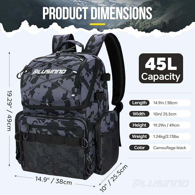 PLUSINNO Cooler Fishing Backpack with Rod Holders 45L Large Water-resistant Fishing Tackle bag Store Fishing Gear Fishing Gifts for Men Father