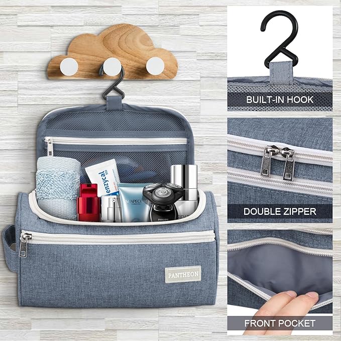 Pantheon Men's Toiletry Bag - Travel Toiletry Bag Wash Bag Hanging Dopp Kit Shaving Kit for Bathroom Shower - Mens Travel Bag Hanging Toiletry Organizer Toiletry Kit for Traveling (Blue)