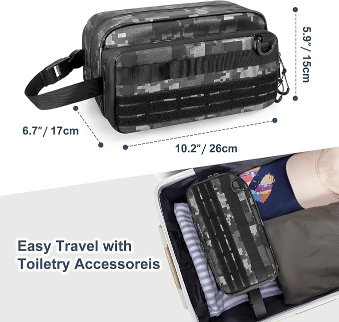 Toiletry Travel Bag for Men Tactical Hygiene Bag, Shaving Kit Toiletries Organizer Dopp Kit with Large Capacity, Black Digital(Empty Bag Only)