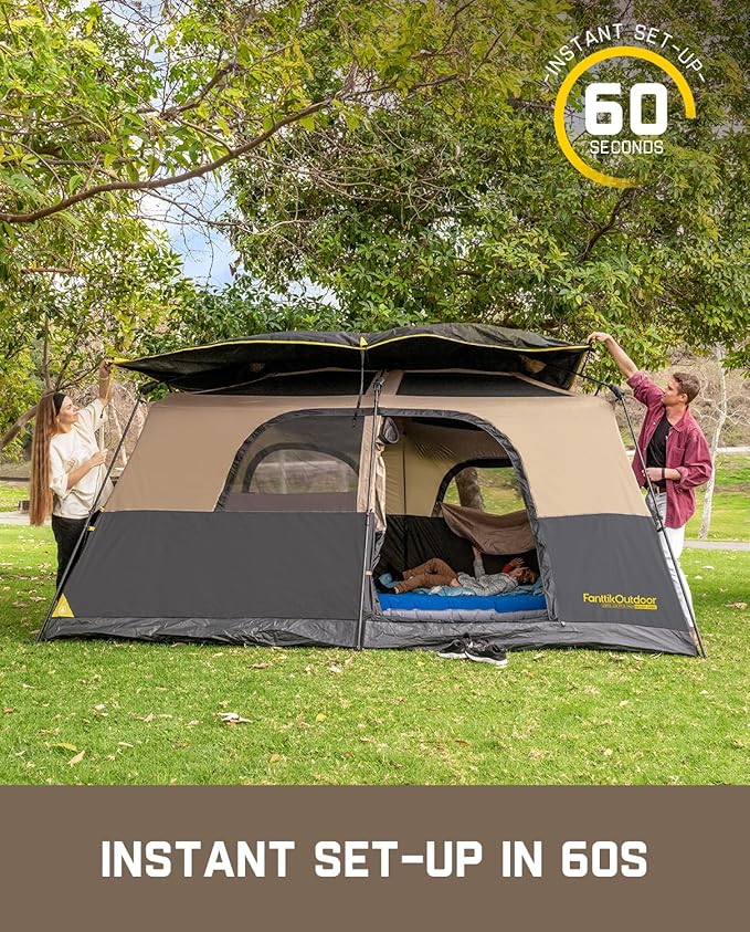 FanttikOutdoor Instant Cabin Tent 6/8/10/12 Person Camping Tent Setup in 60 Seconds with Rainfly & Windproof Portable with Carry Bag for Family Camping & Hiking, Upgraded Ventilation, Khaki