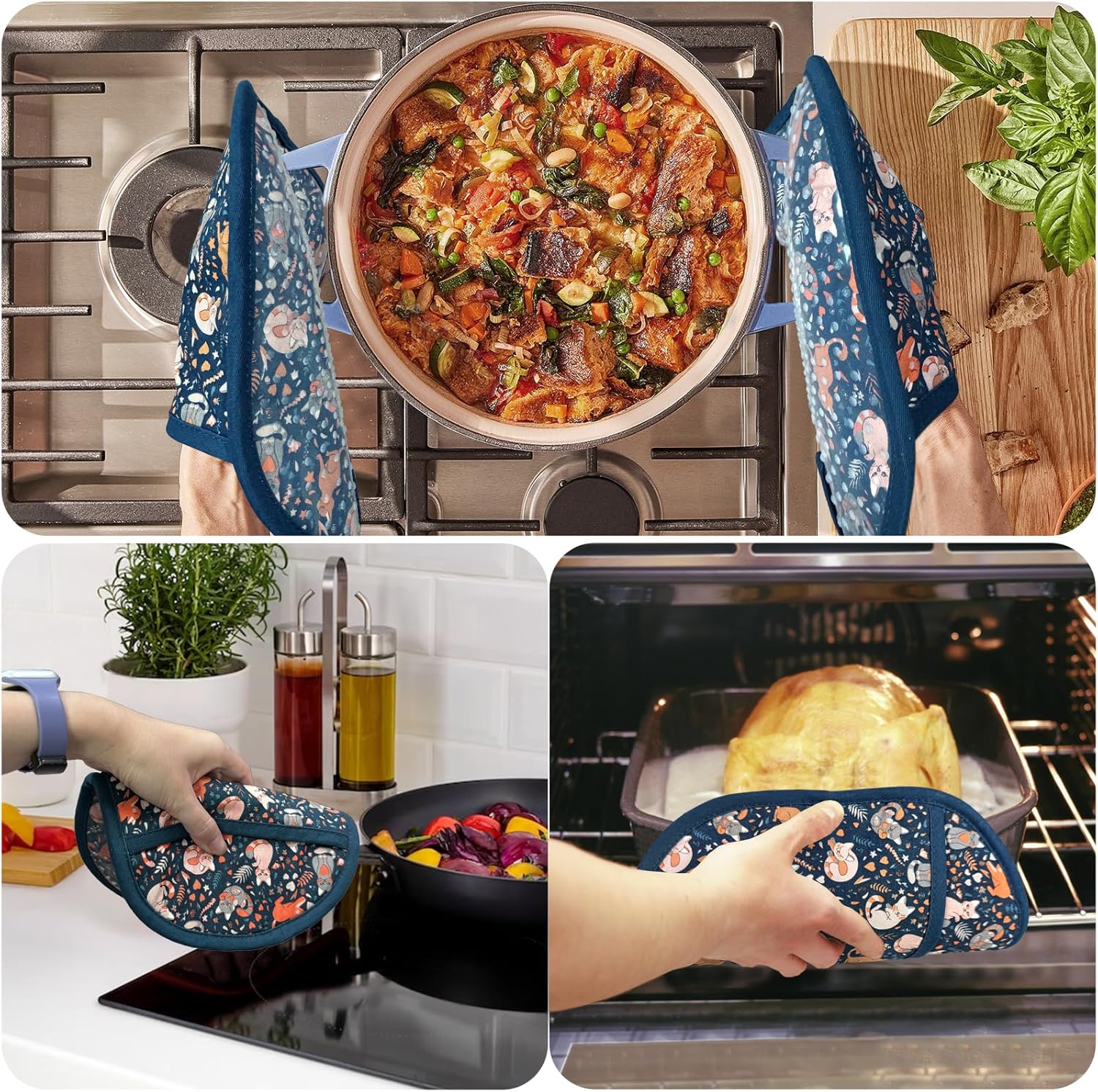 Pot Holders Set of 2 with Transparent Clear Silicone Shell and Nice Cat Flower Cotton Lining, Heat Resistant to 500 F Kitchen Oven Gloves Pot Holder for Cooking (Navy, Cat, Potholders)