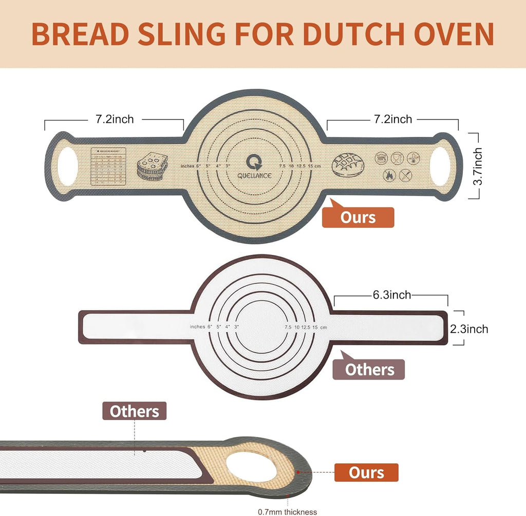 Silicone Sourdough Bread Sling Mat - 2Pcs Round Dough Baking Slings for Dutch Oven, NonStick High Degree Kitchen Sourbread Making Loaf Pan Lifter Liner, Reusable Cooking Transfer Mats with Long Handle