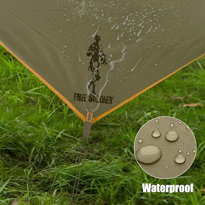 FREE SOLDIER Waterproof Portable Tarp Multifunctional Outdoor Camping Traveling Awning Backpacking Tarp Shelter Rain Tarp (Greenish Brown 6 Loop 10×12ft)