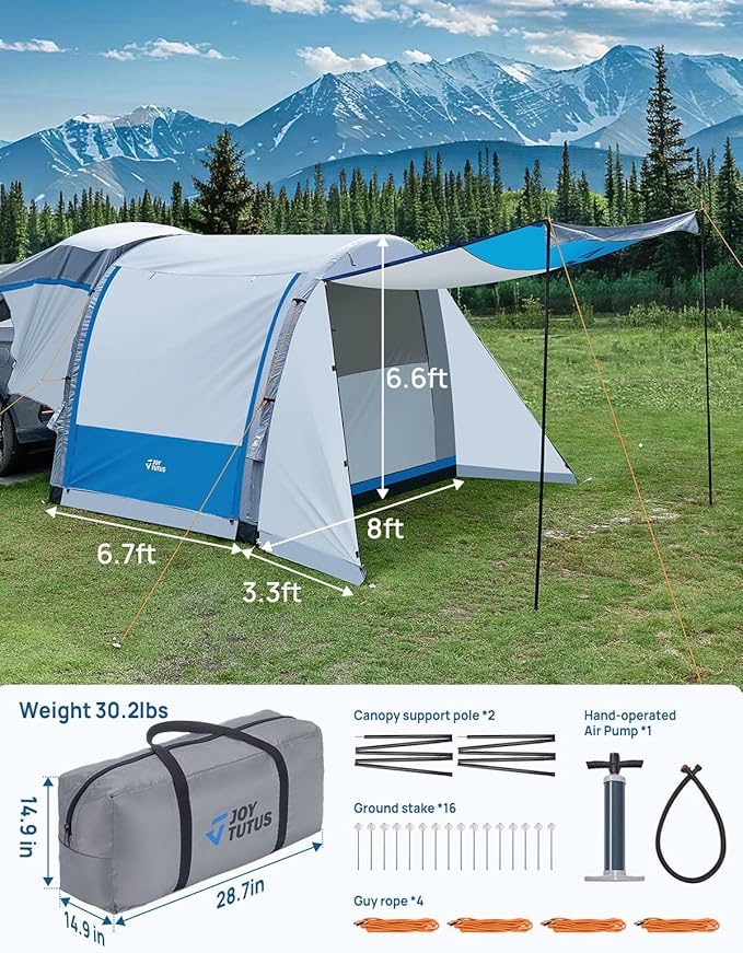 JOYTUTUS SUV Tent with Inflatable Pump, 30% More Space, Easy Set-up Car Tent for 6 Person Family Camping, Dual-Use SUV or Camping with 2 Awnings, Double Door, Fit for SUV Car Van