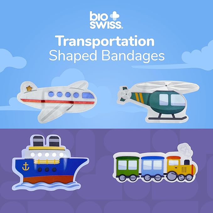 BioSwiss Bandages, Transportation Shaped Self Adhesive Bandage, Latex Free Sterile Wound Care, Fun First Aid Kit Supplies for Kids and Adults, 24 Count